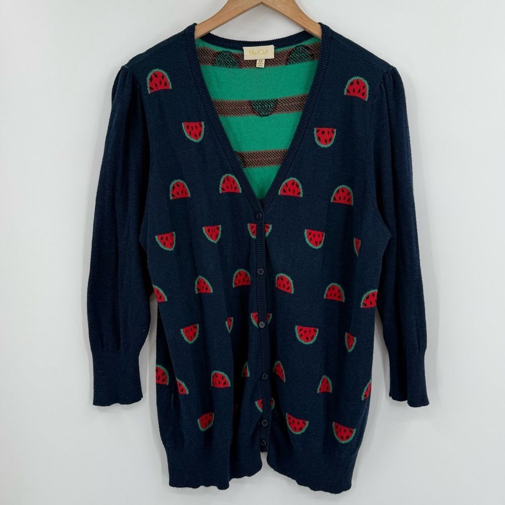 ModCloth Watermelon Print Button Front Cotton Blend Cardigan in Navy Multi | 4X